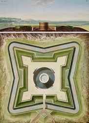 Design for a Fortification on the Outskirts of Paris - a General Plan and Perspective View, c.1813
